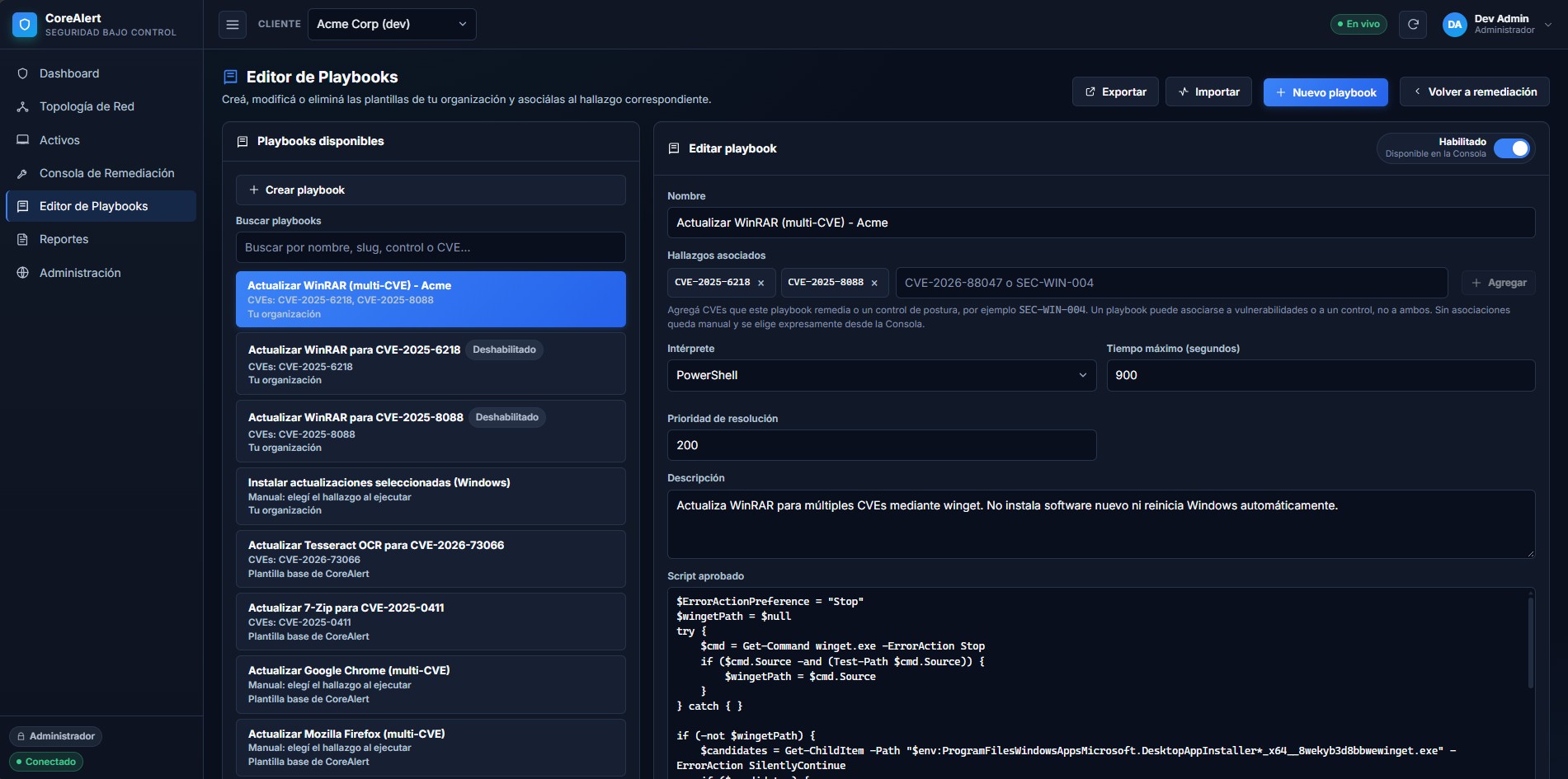 Editor de playbooks de CoreAlert con plantillas por CVE, script aprobado y asociación a hallazgos
